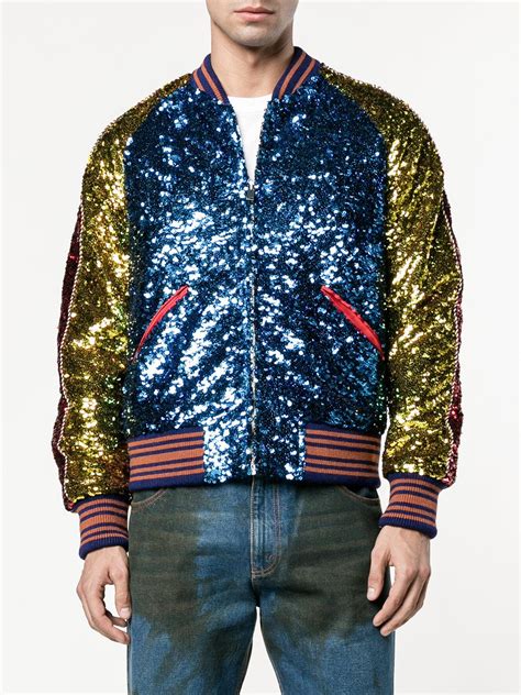 gucci green and blue sequin bomber jacket|Gucci men's denim trucker jacket.